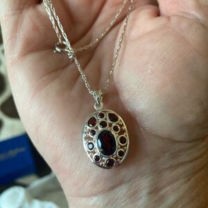 New S. Silver and Red Garnet Gemstone Pendant Necklace sterling silver 18”chain